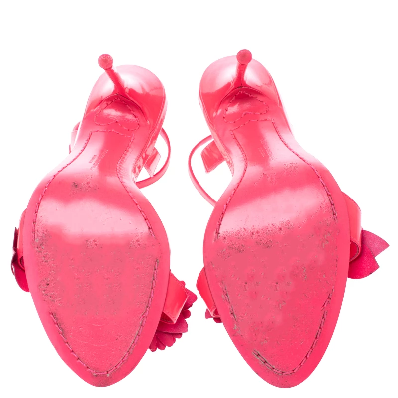Sophia Webster Fluorescent Pink Patent Leather Lilico Floral Embellished Ankle Wrap Sandals Size 37.5 For Women - Image 6