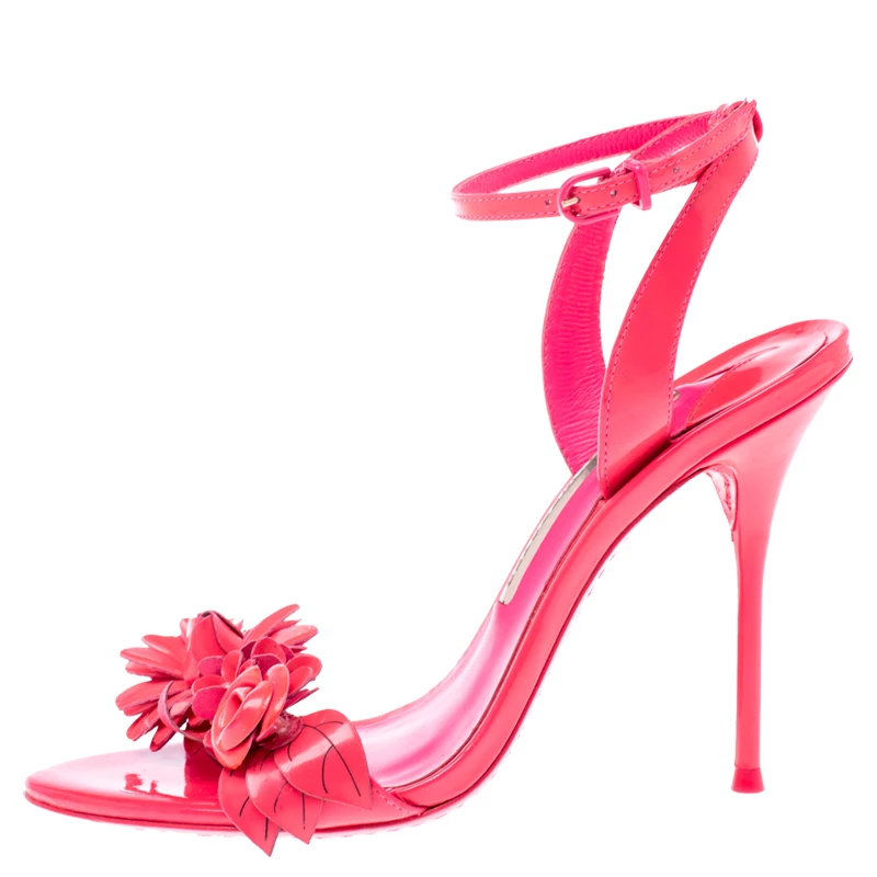 Sophia Webster Fluorescent Pink Patent Leather Lilico Floral Embellished Ankle Wrap Sandals Size 37.5 For Women - Image 2
