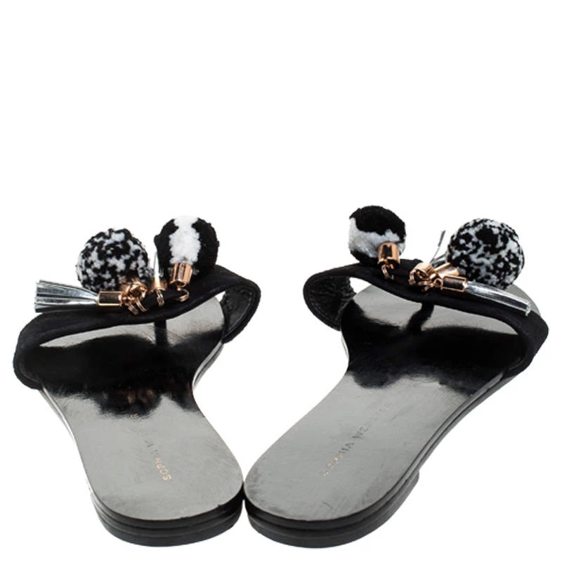 Sophia Webster Black Suede Jada Pom Pom Slide Flats Size 37 For Women - Image 5