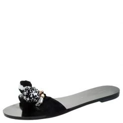 Sophia Webster Black Suede Jada Pom Pom Slide Flats Size 37 For Women