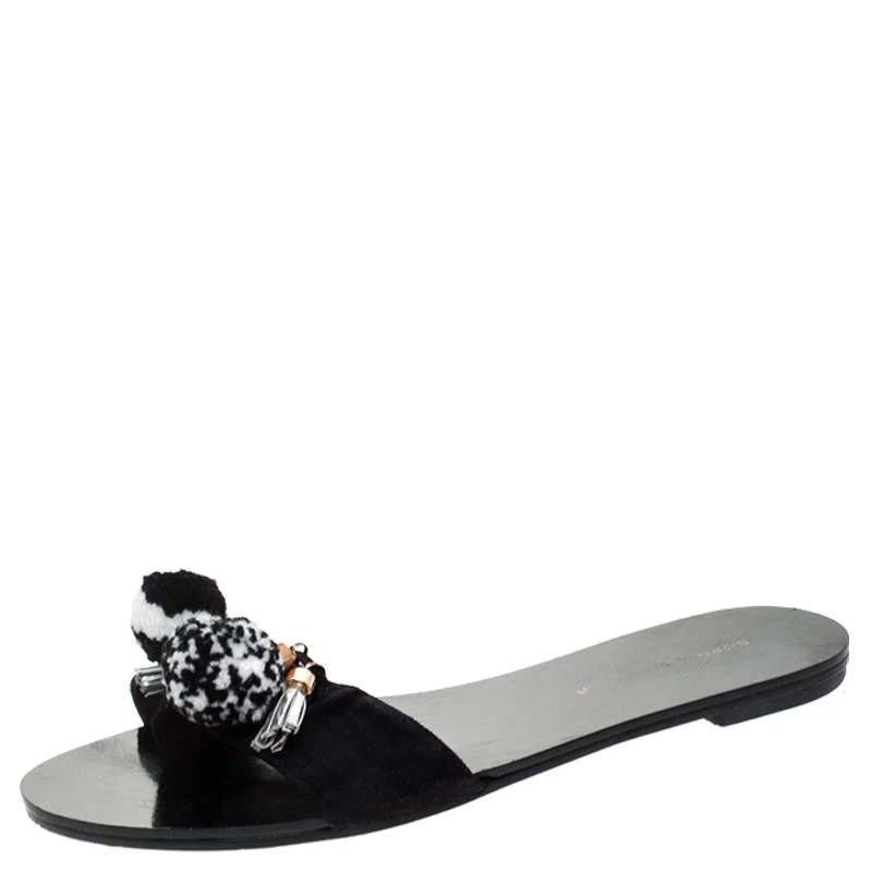 Sophia Webster Black Suede Jada Pom Pom Slide Flats Size 37 For Women
