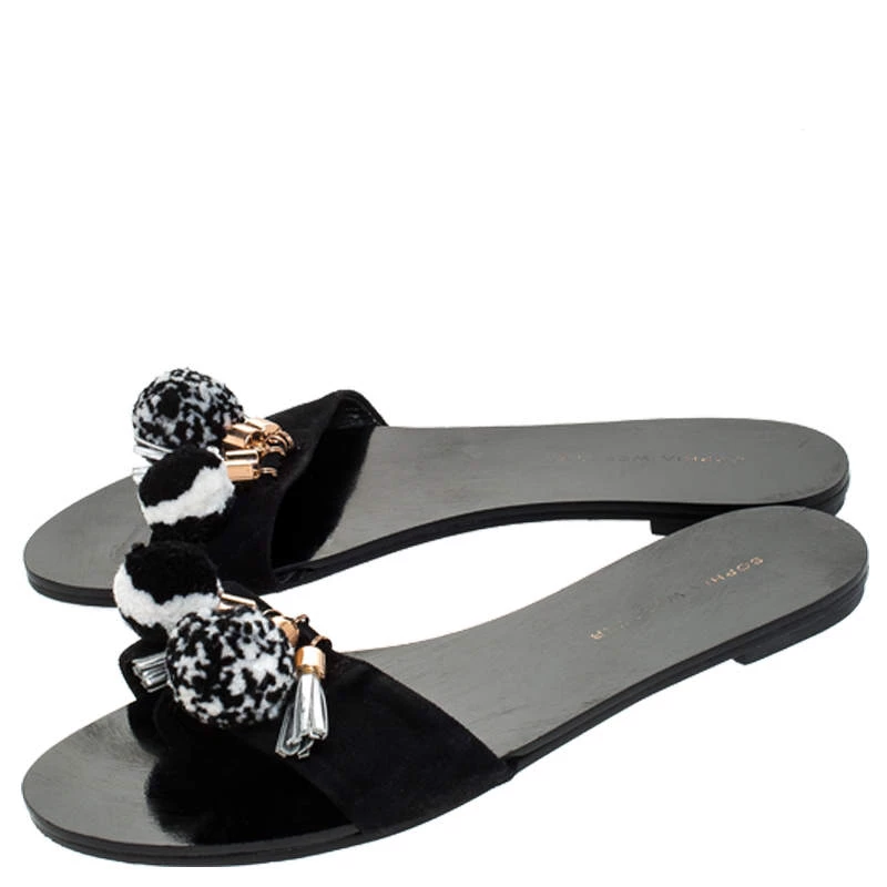 Sophia Webster Black Suede Jada Pom Pom Slide Flats Size 37 For Women - Image 4