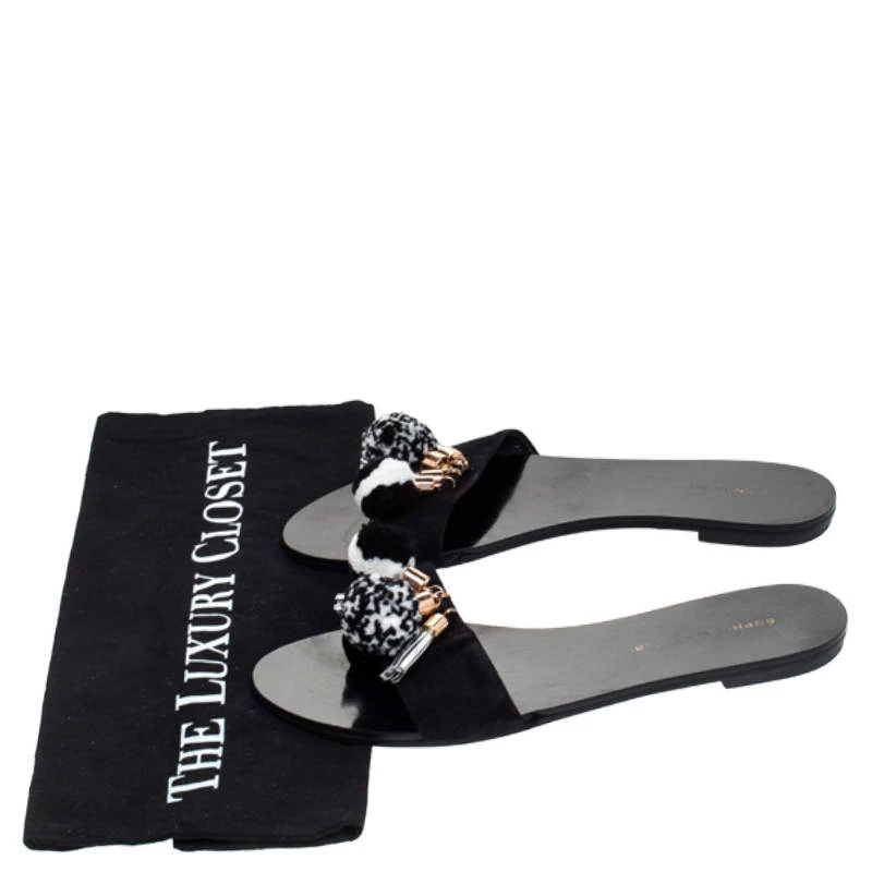 Sophia Webster Black Suede Jada Pom Pom Slide Flats Size 37 For Women - Image 8