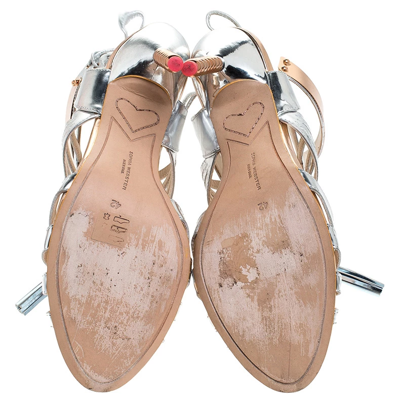 Sophia Webster Metallic Silver Mirrored Leather Yasmina Pom Pom Embellished Sandals Size 42 For Women - Image 6