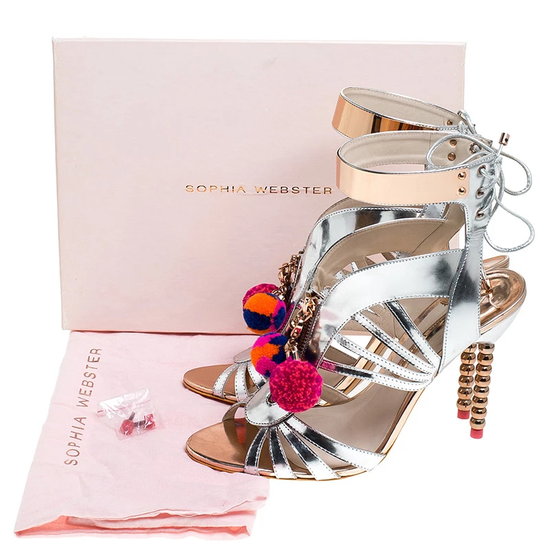 Sophia Webster Metallic Silver Mirrored Leather Yasmina Pom Pom Embellished Sandals Size 42 For Women - Image 8