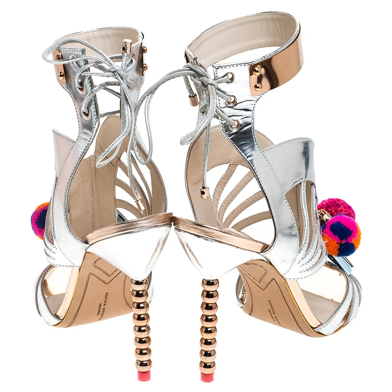 Sophia Webster Metallic Silver Mirrored Leather Yasmina Pom Pom Embellished Sandals Size 42 For Women - Image 5