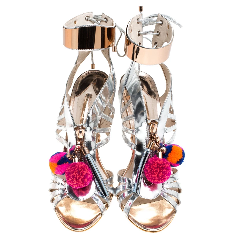Sophia Webster Metallic Silver Mirrored Leather Yasmina Pom Pom Embellished Sandals Size 42 For Women - Image 3