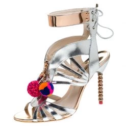 Sophia Webster Metallic Silver Mirrored Leather Yasmina Pom Pom Embellished Sandals Size 42 For Women
