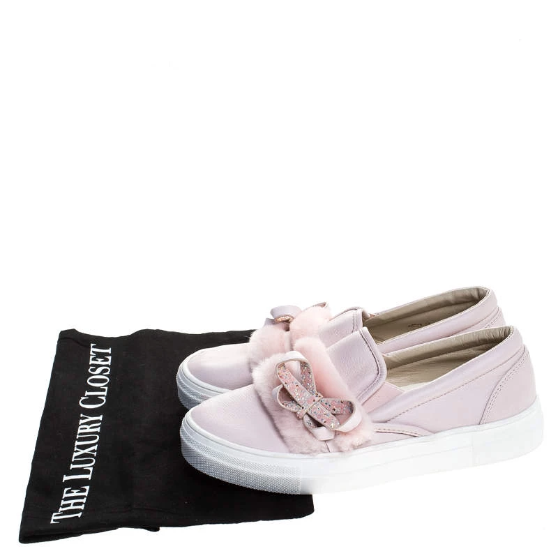 Sophia Webster Pink Leather And Fur Embellished Bow Slip On Sneakers Size 37 For Women - Image 8