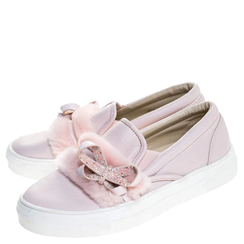 Sophia Webster Pink Leather And Fur Embellished Bow Slip On Sneakers Size 37 For Women - Image 4