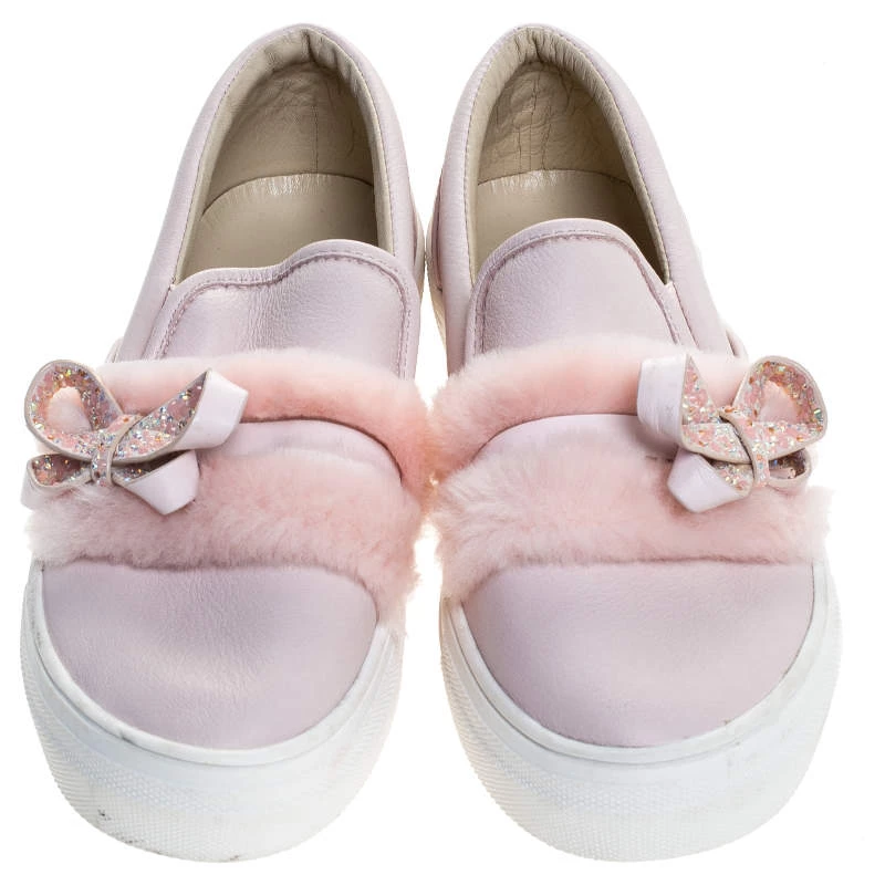 Sophia Webster Pink Leather And Fur Embellished Bow Slip On Sneakers Size 37 For Women - Image 3