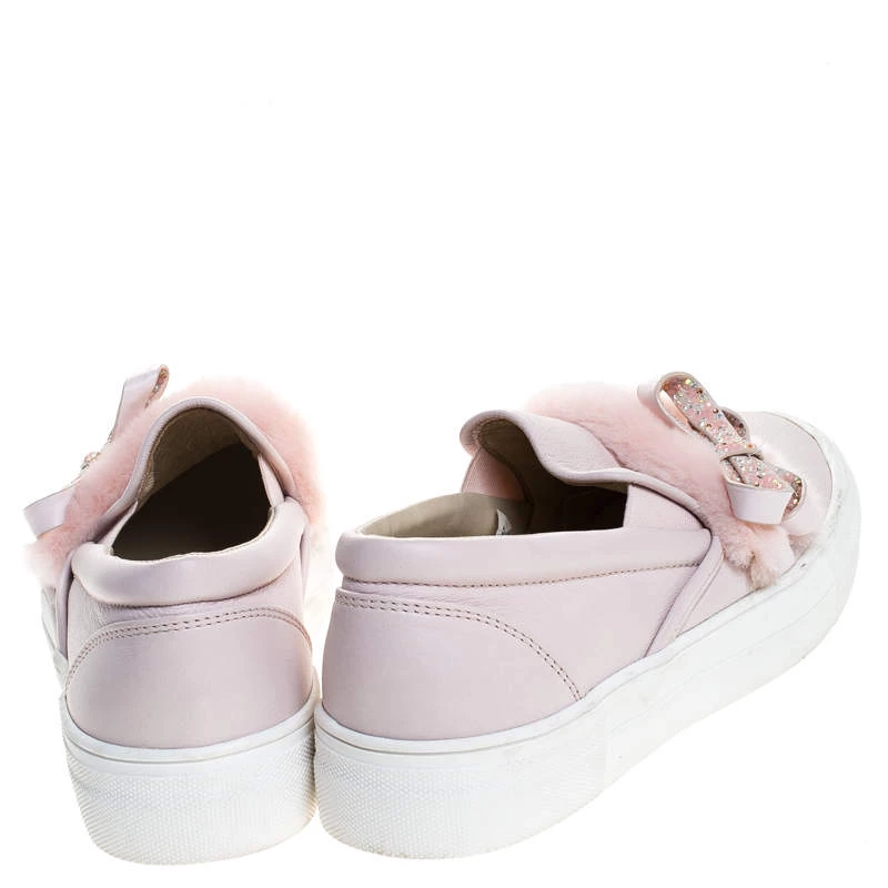 Sophia Webster Pink Leather And Fur Embellished Bow Slip On Sneakers Size 37 For Women - Image 5