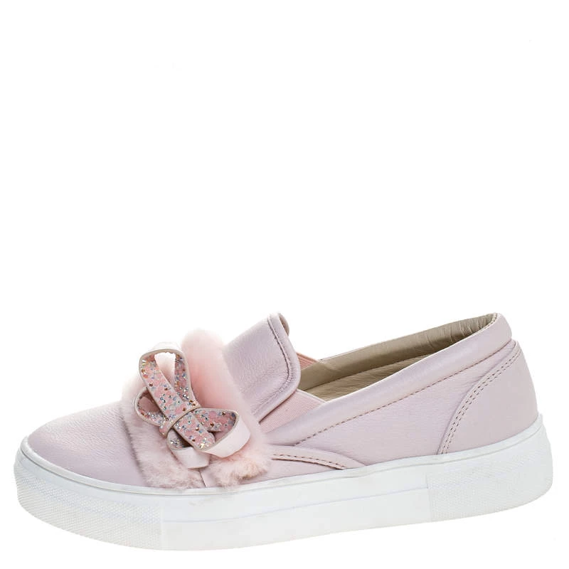 Sophia Webster Pink Leather And Fur Embellished Bow Slip On Sneakers Size 37 For Women - Image 2