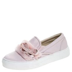 Sophia Webster Pink Leather And Fur Embellished Bow Slip On Sneakers Size 37 For Women