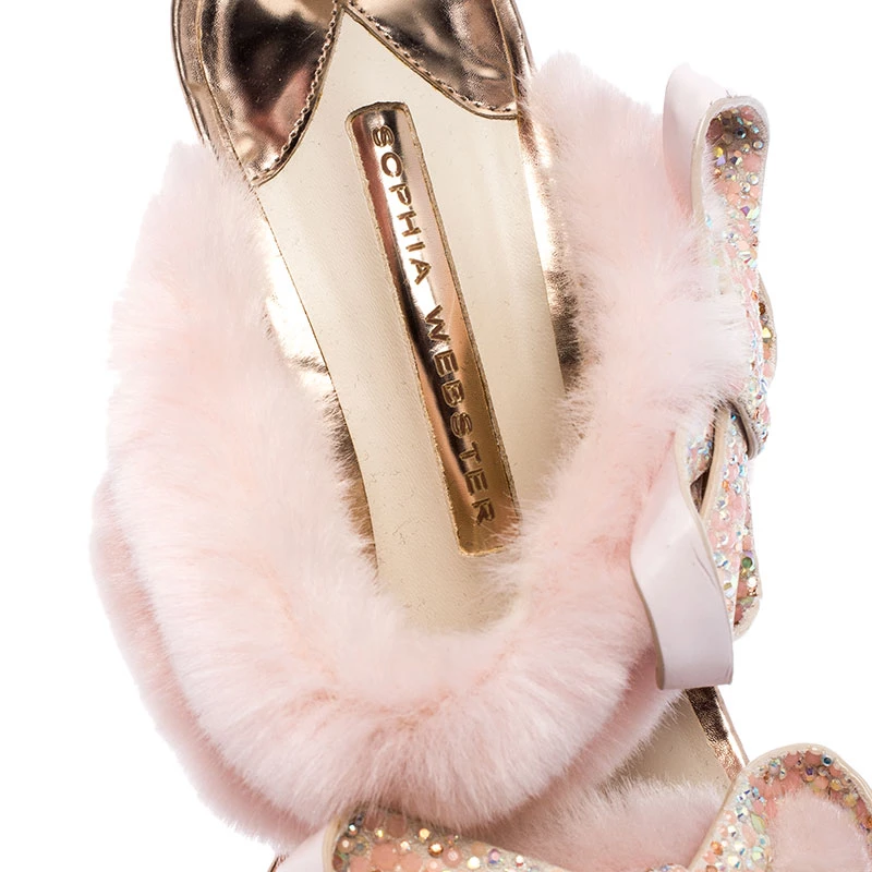 Sophia Webster Pink Faux Fur And Leather Bella Bow Embellished Ankle Strap Sandals Size 37 For Women - Image 7