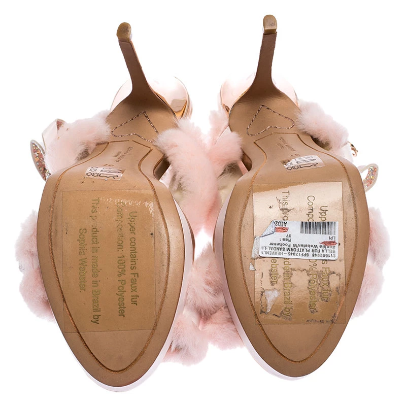 Sophia Webster Pink Faux Fur And Leather Bella Bow Embellished Ankle Strap Sandals Size 37 For Women - Image 6