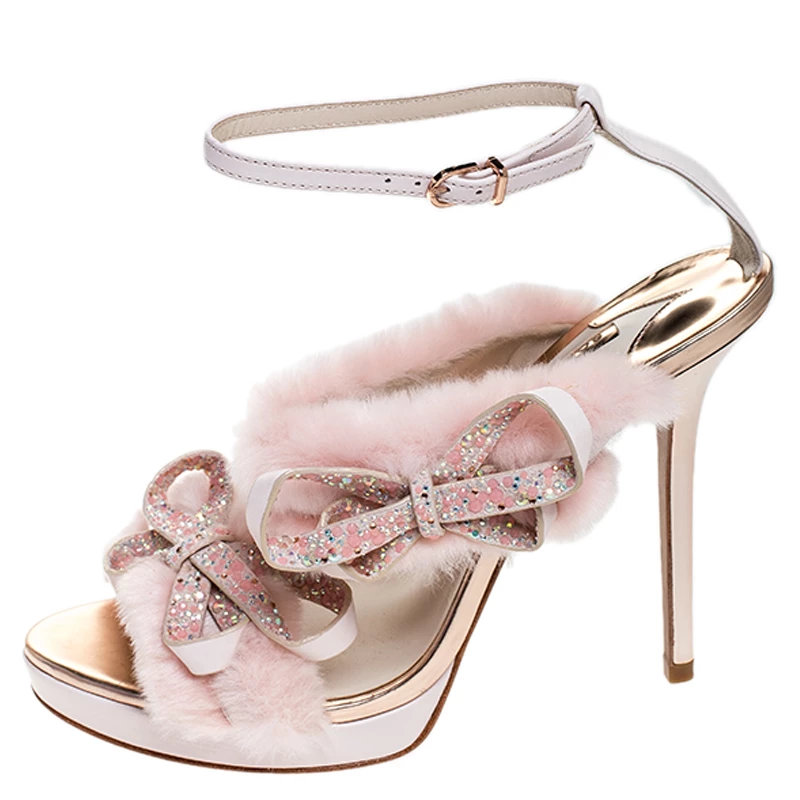 Sophia Webster Pink Faux Fur And Leather Bella Bow Embellished Ankle Strap Sandals Size 40 For Women - Image 2