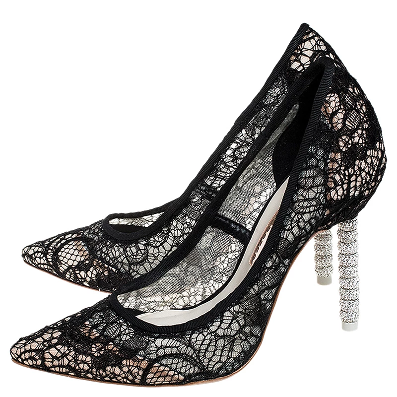 Sophia Webster Black Lace Coco Crystal Pointed Toe Pumps Size 36 For Women - Image 4