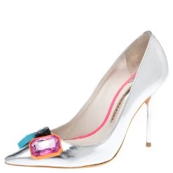 Sophia Webster Metallic Silver Leather Lola Gem Pointed Toe Pumps Size 36 For Women