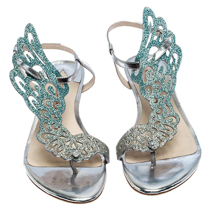 Sophia Webster Blue Ombre Glitter Leather Seraphina Angel Wing Flats Size 36.5 For Women - Image 3