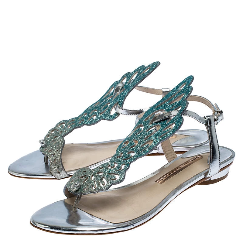 Sophia Webster Blue Ombre Glitter Leather Seraphina Angel Wing Flats Size 36.5 For Women - Image 4