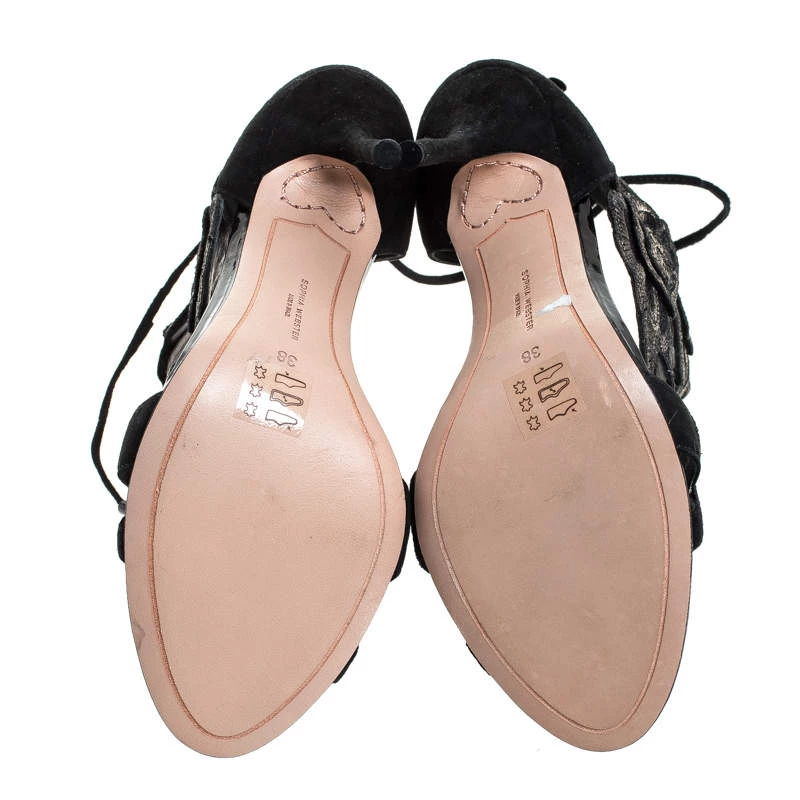 Sophia Webster Black Suede And Lace Winona Embroidered Ankle Cuff Sandals Size 38 For Women - Image 6