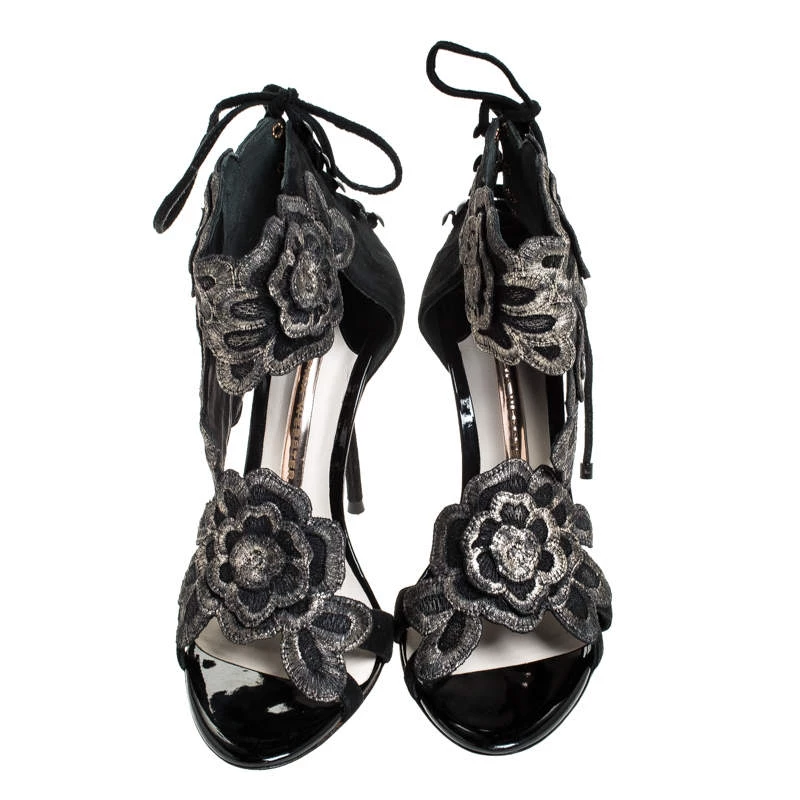 Sophia Webster Black Suede And Lace Winona Embroidered Ankle Cuff Sandals Size 38 For Women - Image 3