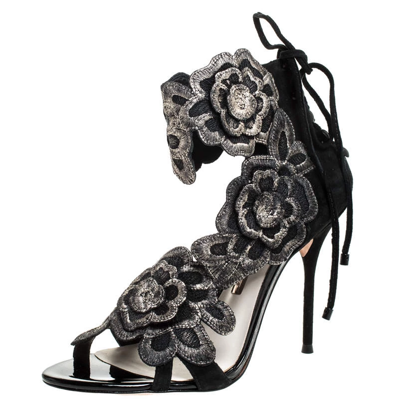 Sophia Webster Black Suede And Lace Winona Embroidered Ankle Cuff Sandals Size 38 For Women