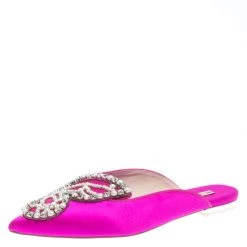 Sophia Webster Fuchsia Satin Crystal And Pearl Embellished Bibi Butterfly Pointed Toe Flat Slides Size 36.5 For Women