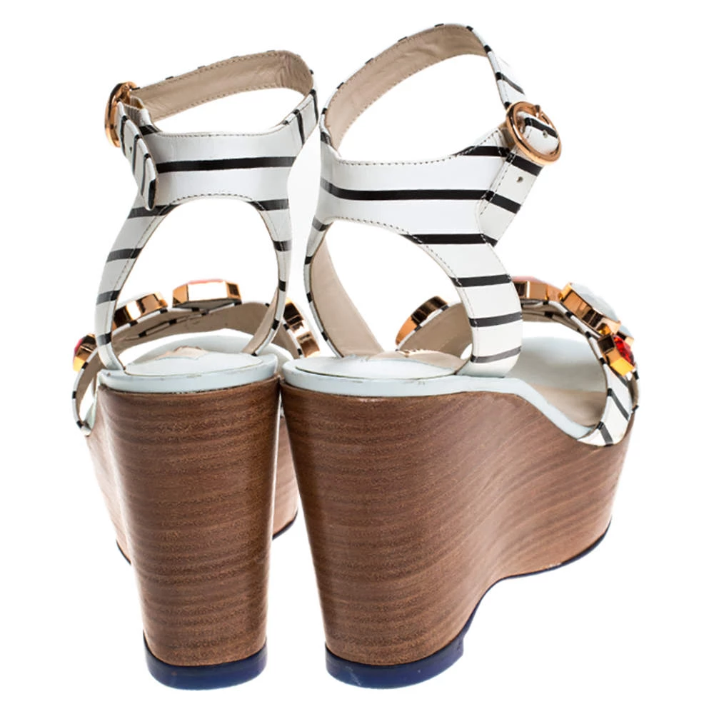 Sophia Webster White/Black Striped Leather Suki Gem Embellished Wedge Platform Sandals Size 37.5 For Women - Image 5