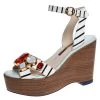 Sophia Webster White/Black Striped Leather Suki Gem Embellished Wedge Platform Sandals Size 37.5 For Women
