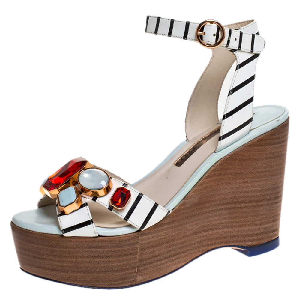 Sophia Webster White/Black Striped Leather Suki Gem Embellished Wedge Platform Sandals Size 37.5 For Women