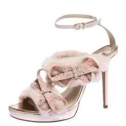 Sophia Webster Pink Faux Fur And Leather Bella Bow Embellished Ankle Strap Sandals Size 38.5 For Women