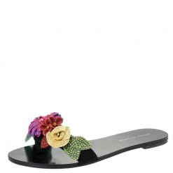 Sophia Webster Black Suede Glitter And Crystal Floral Embellished Lilico Flat Slides Size 38.5 For Women