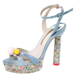 Sophia Webster Blue Glitter Fabric Loren Dreamy Crystal Embellished Platform Sandals Size 37.5 For Women