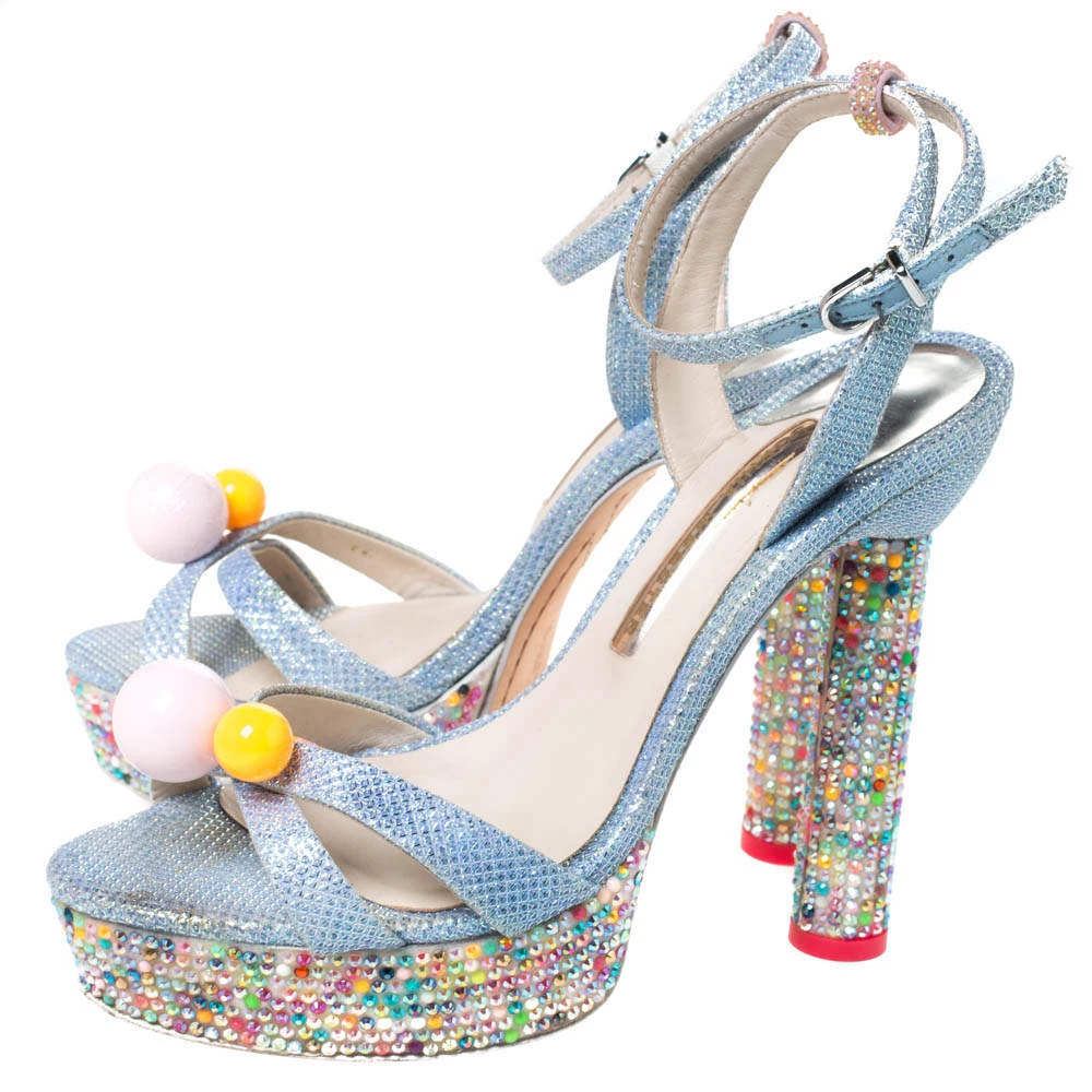 Sophia Webster Blue Glitter Fabric Loren Dreamy Crystal Embellished Platform Sandals Size 37.5 For Women - Image 4