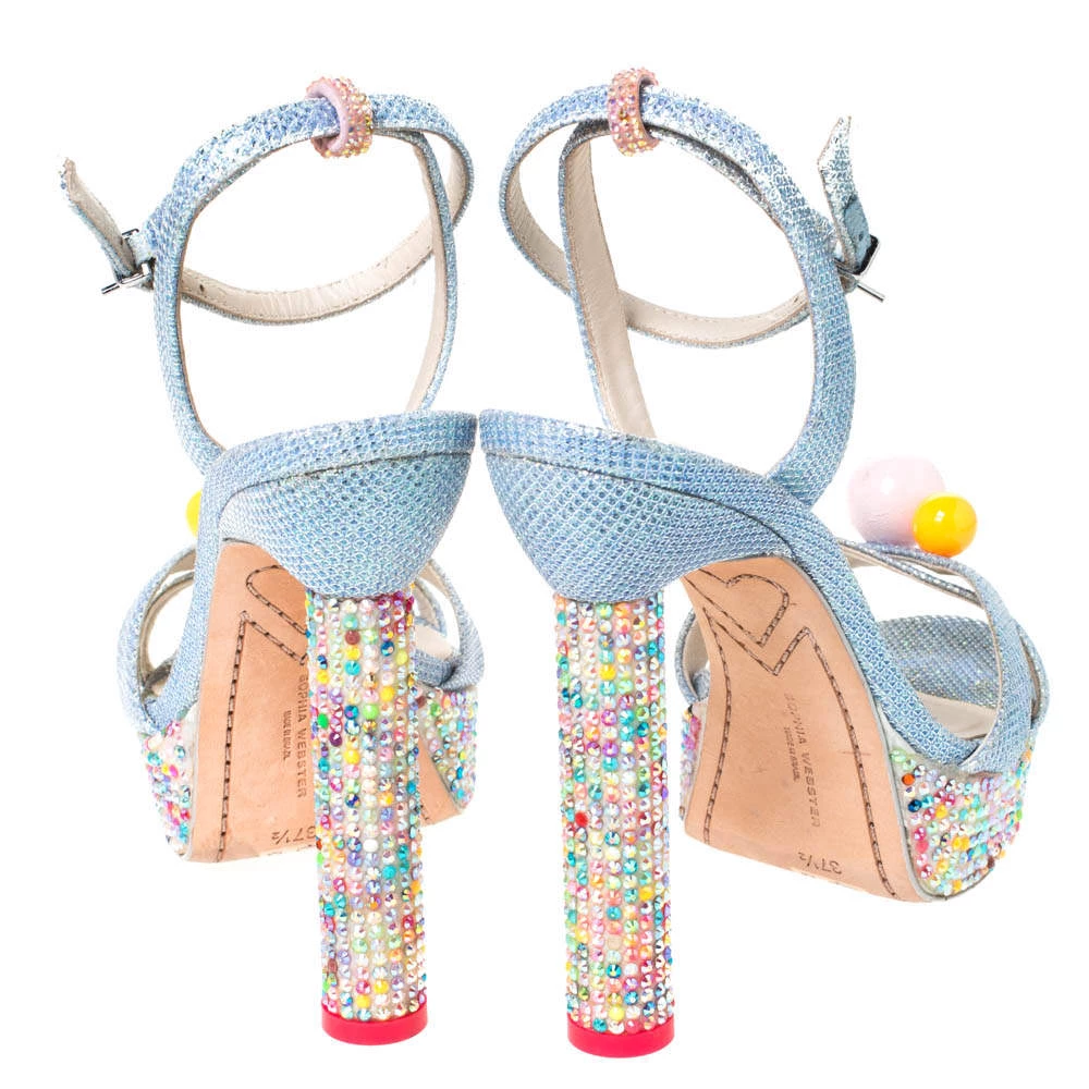 Sophia Webster Blue Glitter Fabric Loren Dreamy Crystal Embellished Platform Sandals Size 37.5 For Women - Image 5
