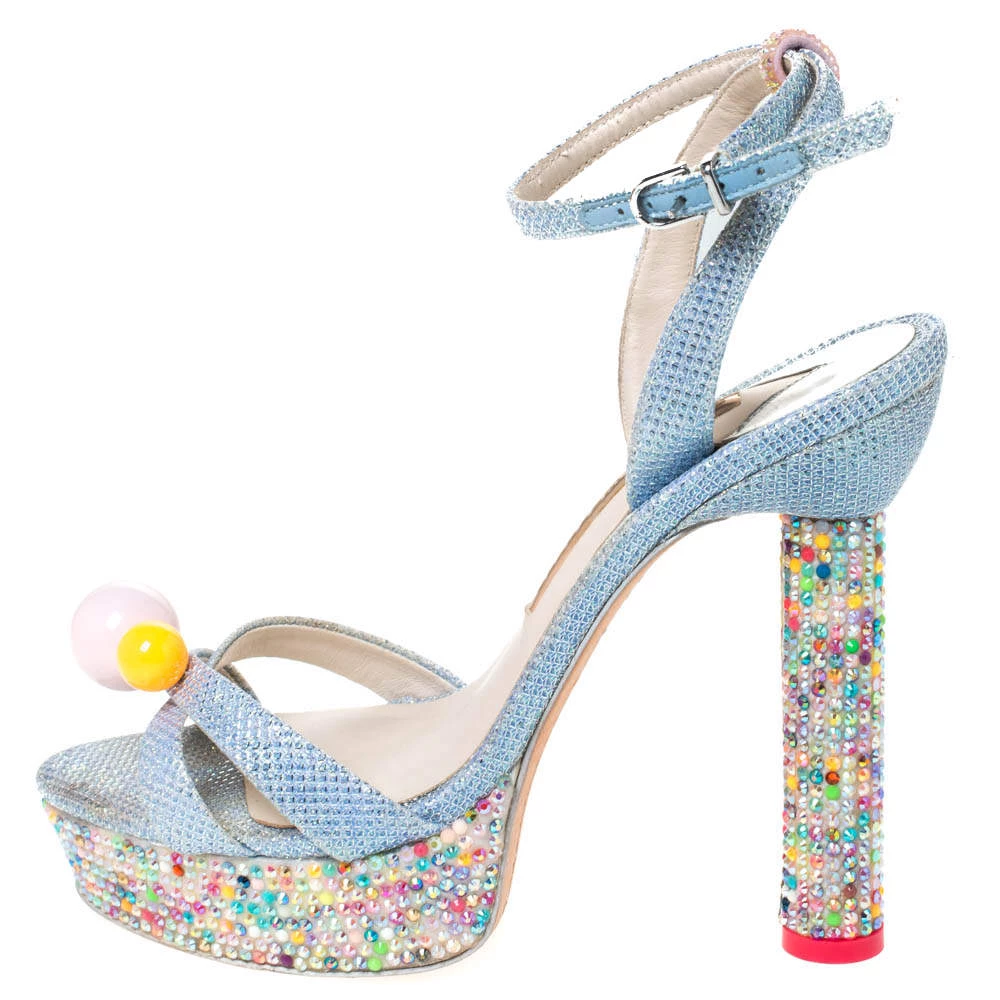 Sophia Webster Blue Glitter Fabric Loren Dreamy Crystal Embellished Platform Sandals Size 37.5 For Women - Image 2