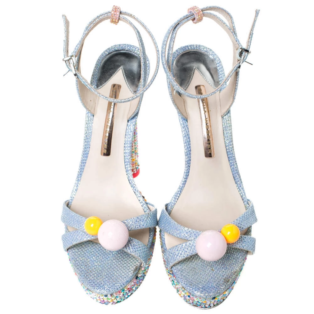 Sophia Webster Blue Glitter Fabric Loren Dreamy Crystal Embellished Platform Sandals Size 37.5 For Women - Image 3