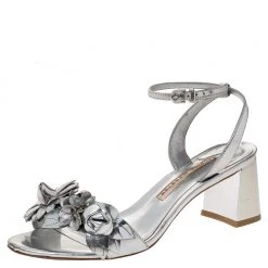 Sophia Webster Sliver Leather Floral Embellished Lilico Ankle Strap Sandals Size 37 For Women
