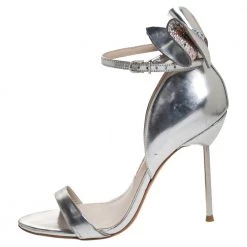 Sophia Webster Metallic Silver Leather Maya Crystal Embellished Bow Ankle Strap Sandals Size 37.5 For Women