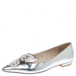 Sophia Webster Metallic Silver Leather Bibi Butterfly Pointed Toe Ballet Flats Size 37.5 For Women
