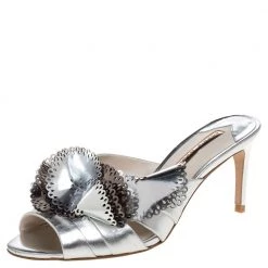 Sophia Webster Metallic Silver Laser Cut Leather Soleil Mules Size 36 For Women
