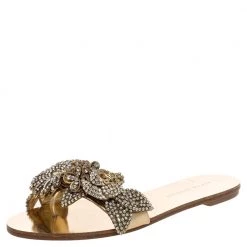Sophia Webster Gold Mirror Leather Lilico Crystal Embellished Slide Flats Size 36.5 For Women