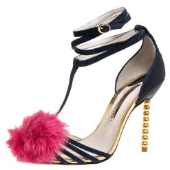 Sophia Webster Navy Blue/Pink Leather Fur Detail Ankle Strap Wrap Up Sandals Size 38.5 For Women