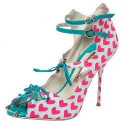 Sophia Webster Pink/Multicolor Nylon And Leather Heart Print Sandals Size 37.5 For Women