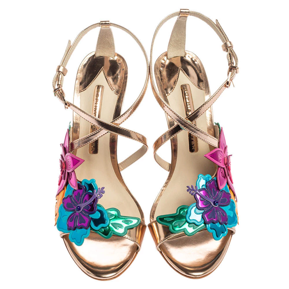 Sophia Webster Rose Gold Patent Leather Hula Floral Embellished Crisscross Sandals Size 37 For Women - Image 3