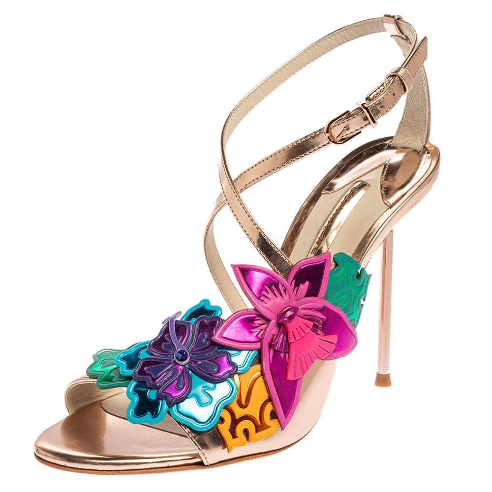 Sophia Webster Rose Gold Patent Leather Hula Floral Embellished Crisscross Sandals Size 37 For Women