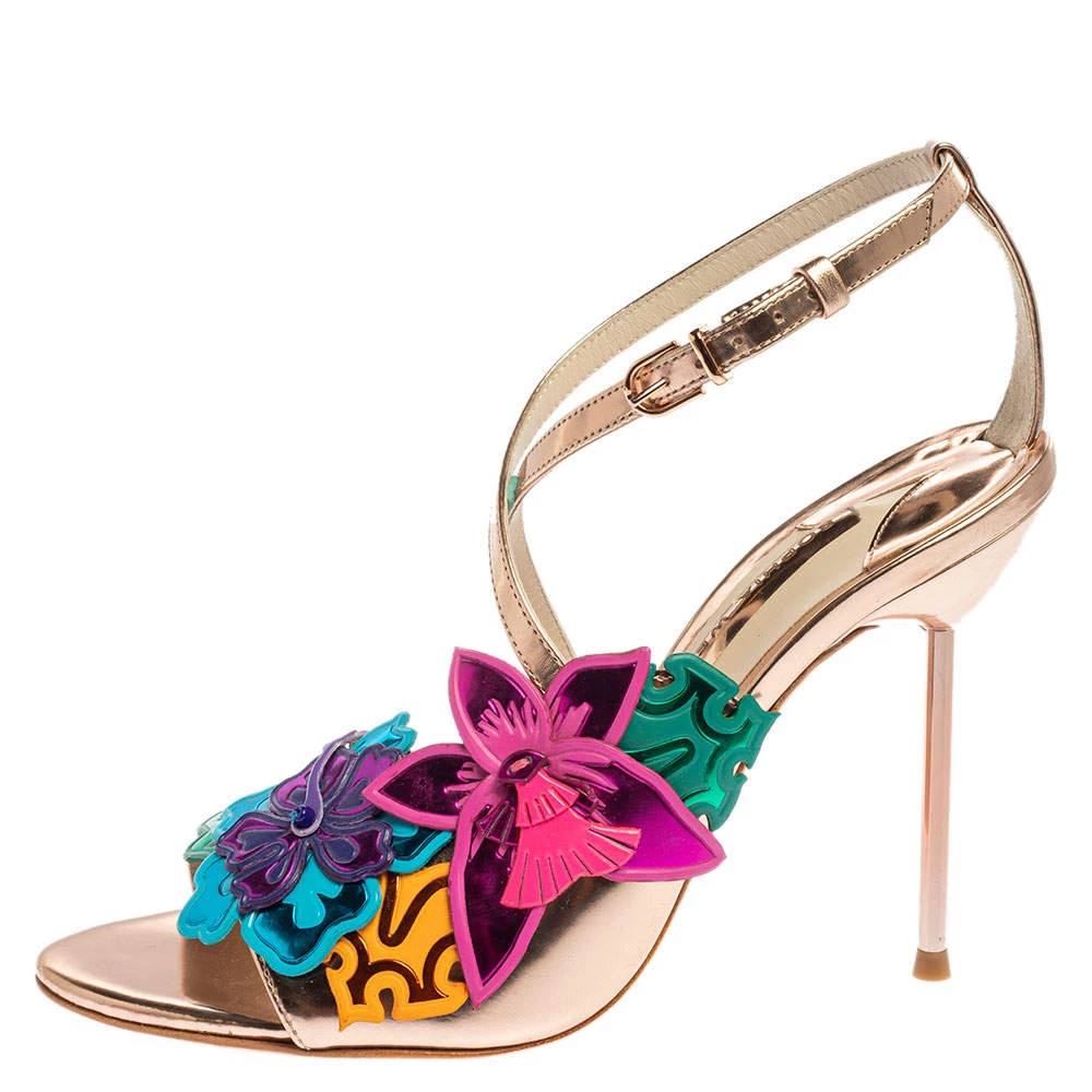 Sophia Webster Rose Gold Patent Leather Hula Floral Embellished Crisscross Sandals Size 37 For Women - Image 2