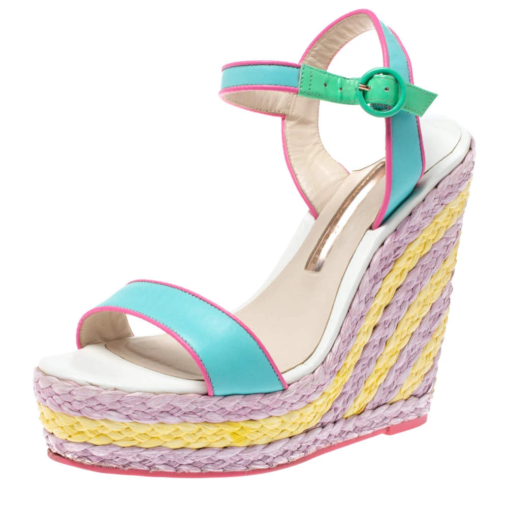 Sophia Webster Multicolor Leather Lucita Raffia Wedge Platform Ankle Strap Sandals Size 38 For Women